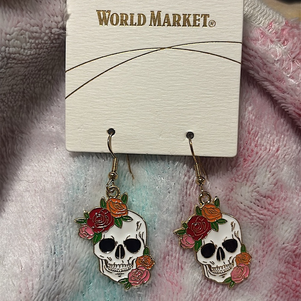 Skull with Roses Dangle Earrings